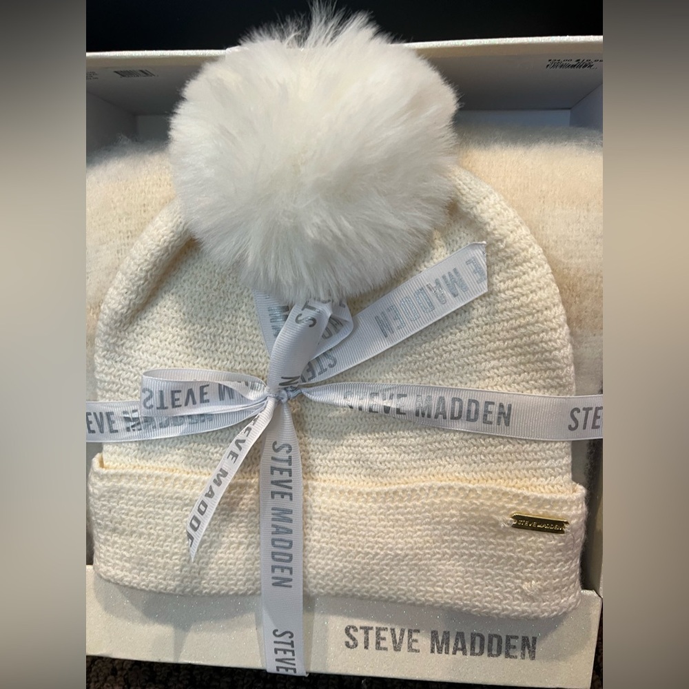 Steve Madden Ivory Knit Beanie with Fluffy Pom and Scarf